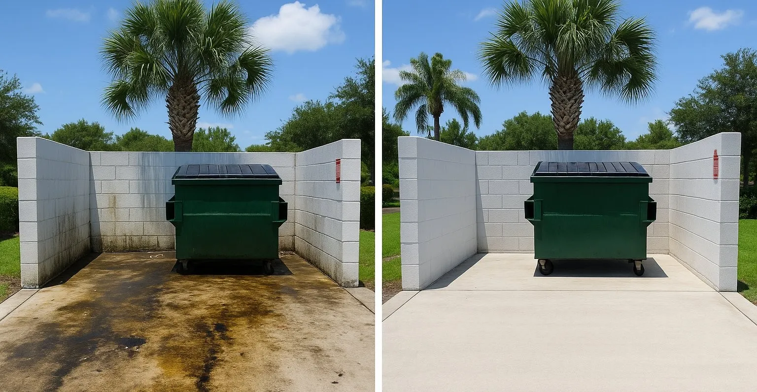Dumpster pad sanitation and pressure cleaning in Broward County — odor and grease removal